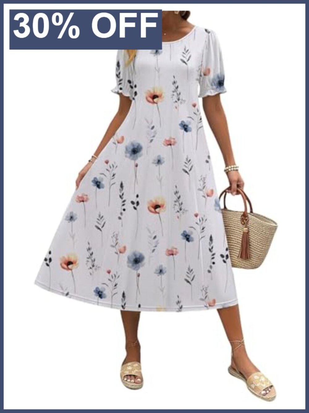 Casual Midi Sundress with Puff Sleeves Flowy Pleated A-Line Dress with Pockets